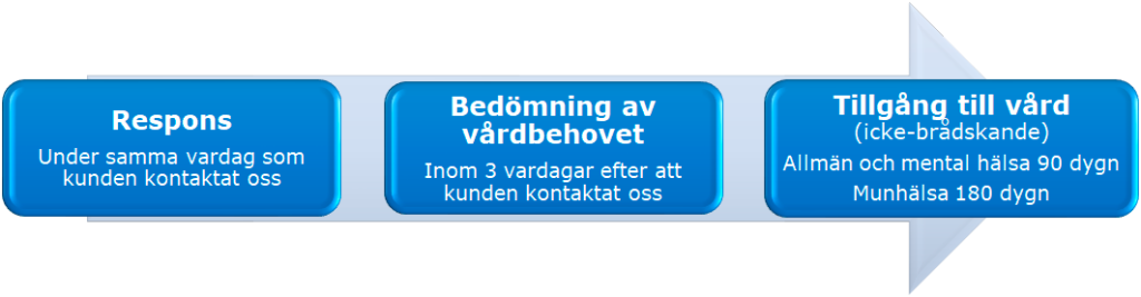 Texter: "Respons, under samma vardag som kunden kontaktat oss", "Bedömning av vårdbehovet, inom 3 vardagar att kunden kontaktat oss" och "Tillgång till vård (icke-brådskande), allmän och mental hälsa 90 dygn, munhälsa 180 dygn".