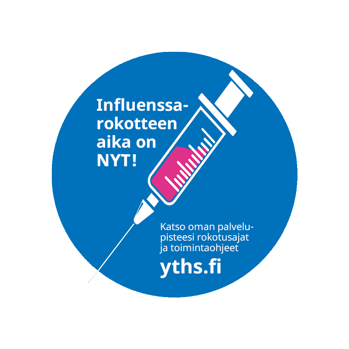 Influenssarokote ja tekstit "Influenssarokotteen aika on nyt" ja "Katso oman palvelupisteesi rokotusajat ja toimintaohjeet".