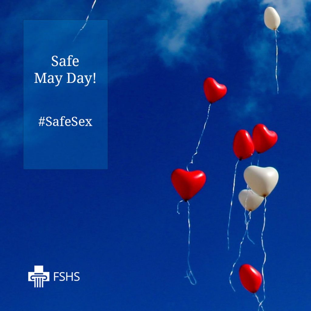 Red and white heart balloons and the text "Safe May Day! #SafeSex".