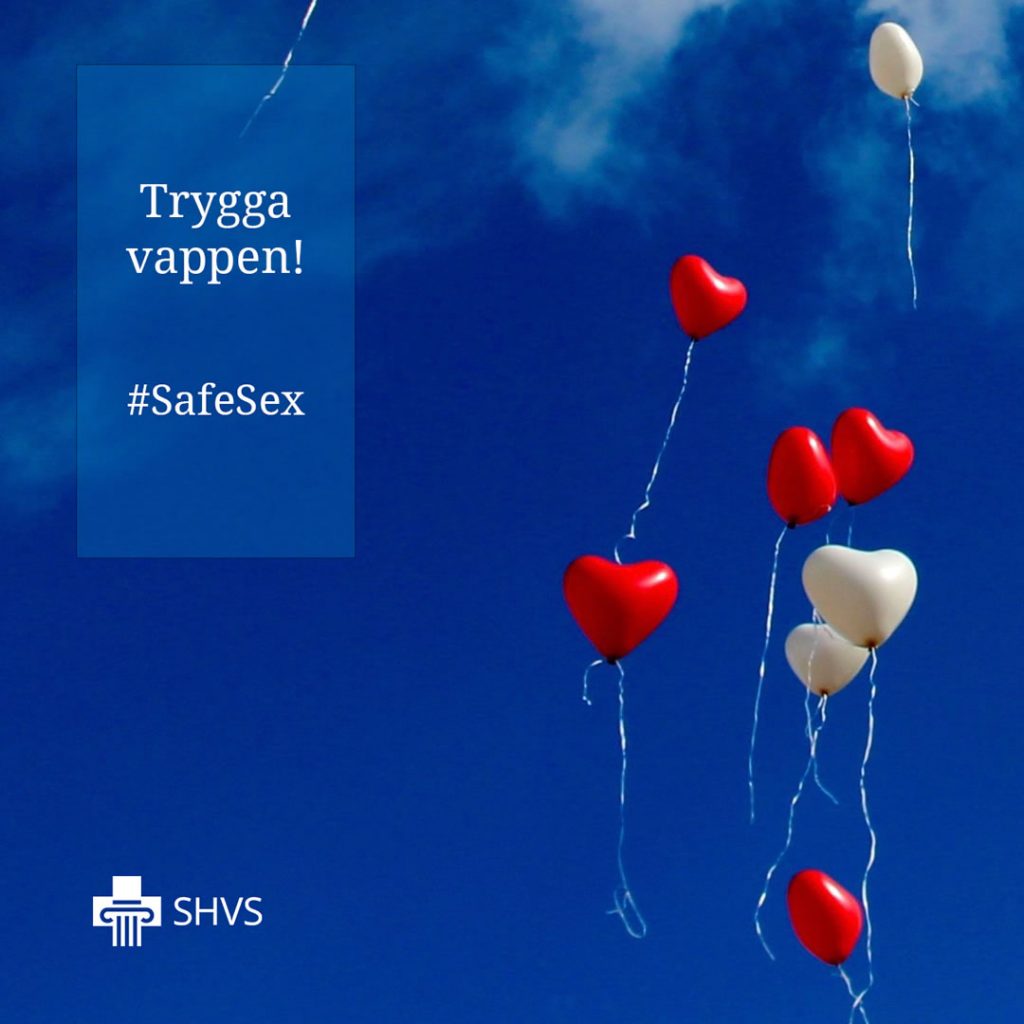 Röda och vita hjärtballonger och texten "Safe May Day! #SafeSex".