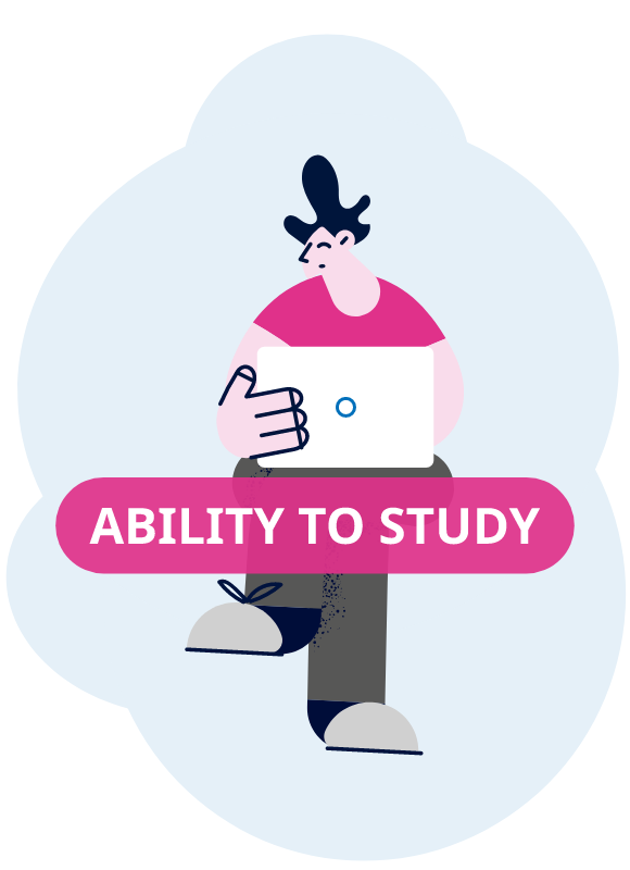 Illustration of a student with a laptop and text "Ability to study".