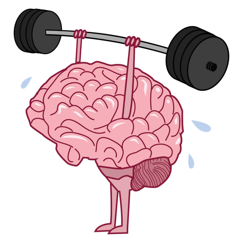 A figure that looks like a brain works out with dumbbells.