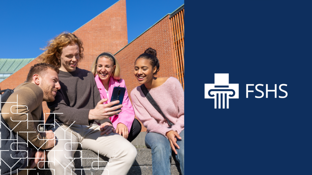 Students on campus with a phone and FSHS´s logo.