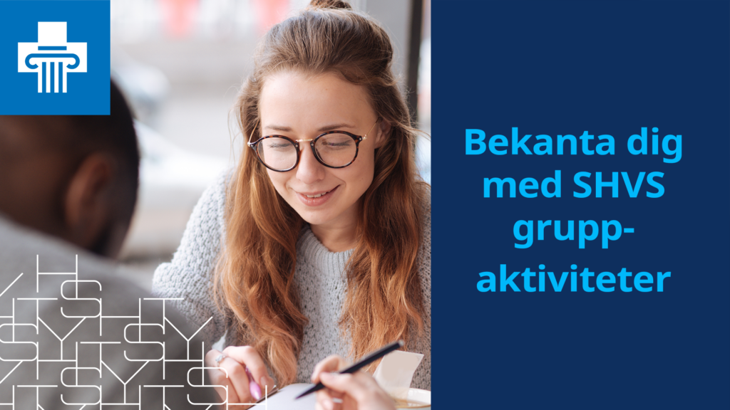 Två studerande, SHVS logotyp och texten "Bekanta dig med SHVS gruppaktiviteter".