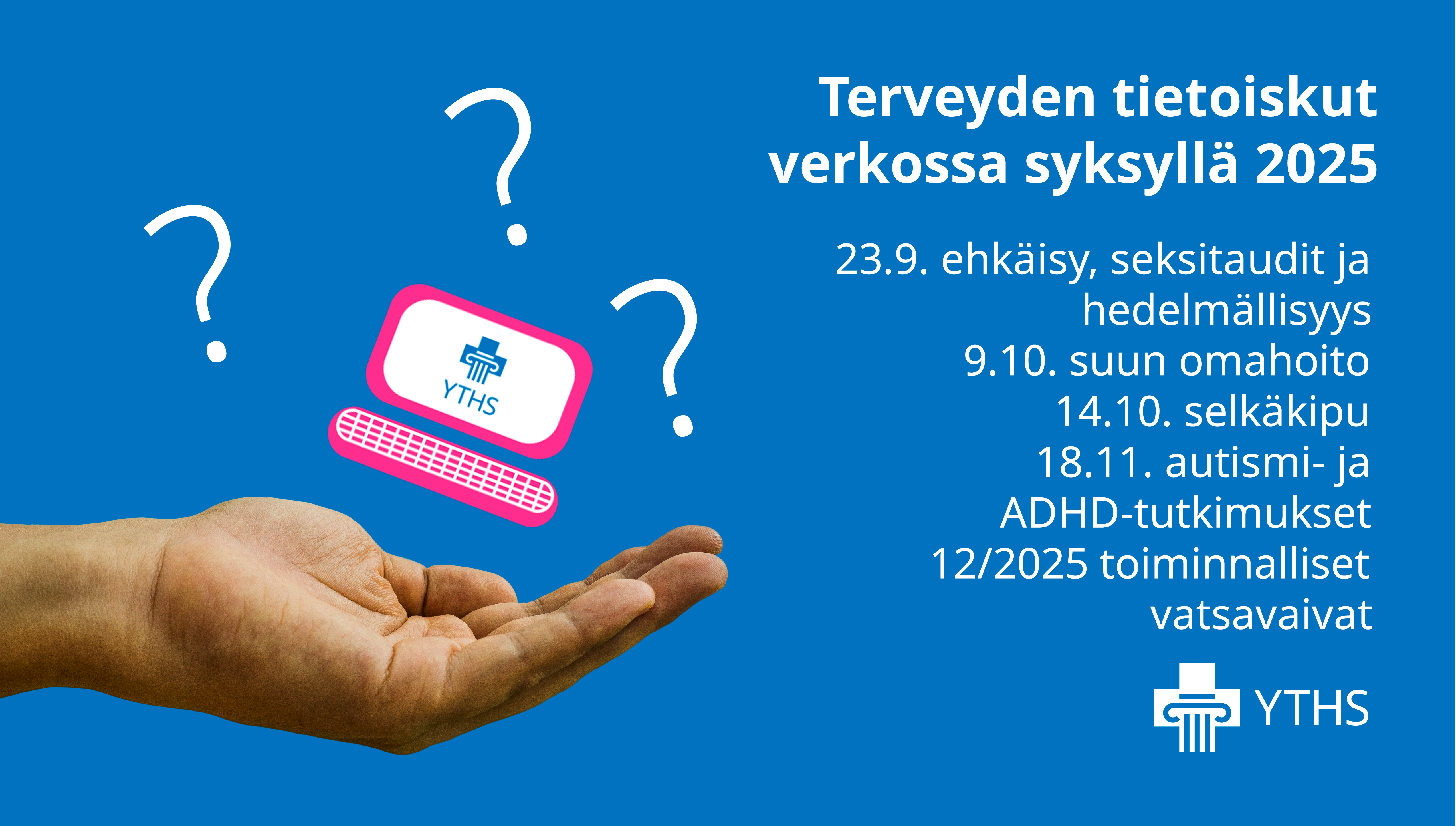 Käden päällä piirretty vaaleanpunainen tietokone, oikeassa reunassa tekstit ja syksyn tietoiskujen tiedot.