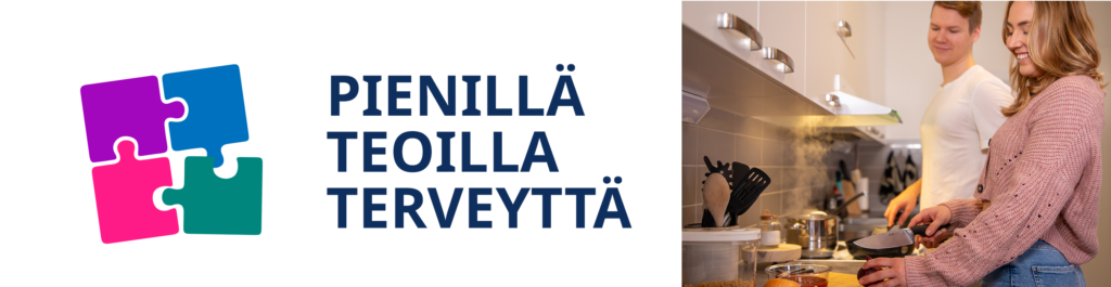 Pienillä teoilla terveyttä - tunnus, tapahtumateksti ja oikeassa reunassa valokuva kahdesta ruokaa laittavasta opiskelijasta.
