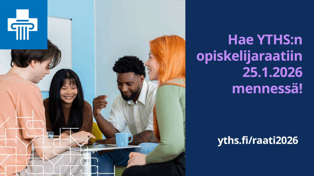 Kuvassa 4 opiskelijaa keskustelemassa pöydän ääressä ja kehotus hakea opiskelijaraatiin.