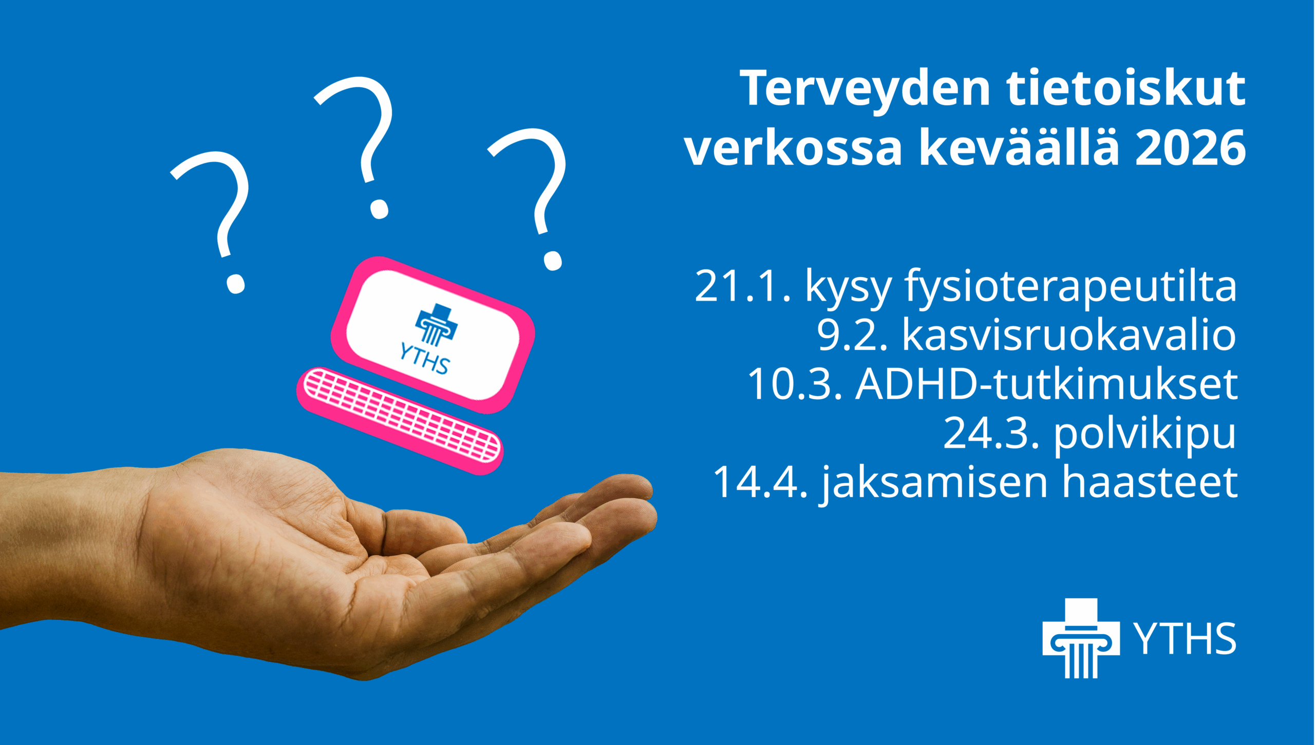 Käsi kämmen ylöspäin, jolla tietokoneen piirroskuva, lisäksi tekstistä löytyvät tapahtumanimet ja -päivämäärät.